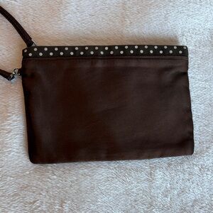 Henri Bendel Brown Satin Wristlet Pouch With Polka Dot Border